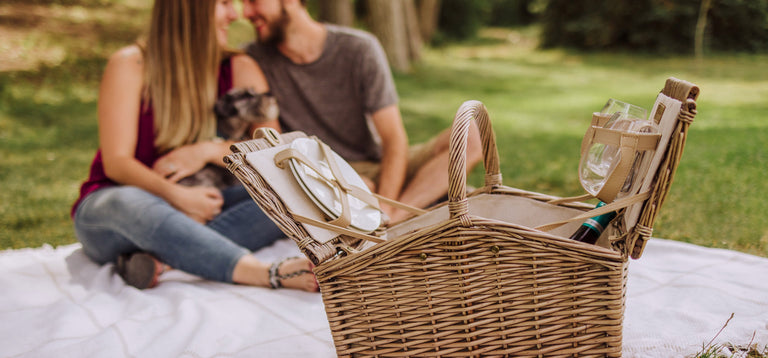 couple and dog with picnic basket