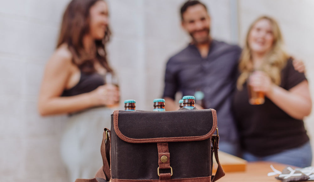 beer caddy with a group of friends chatting and drinking beers in the background